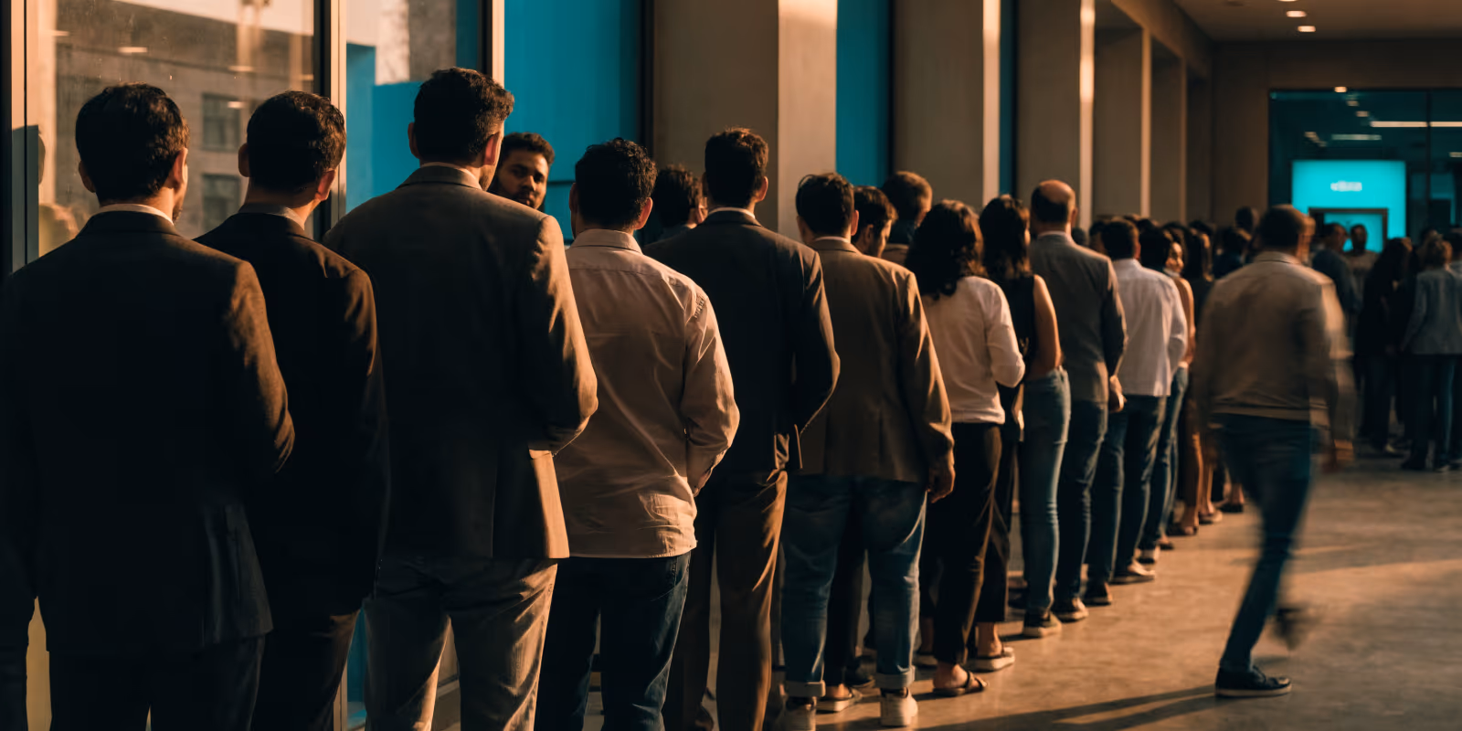 Customers waiting in line at a bank branch — the checkpoint response the mandate will outgrow