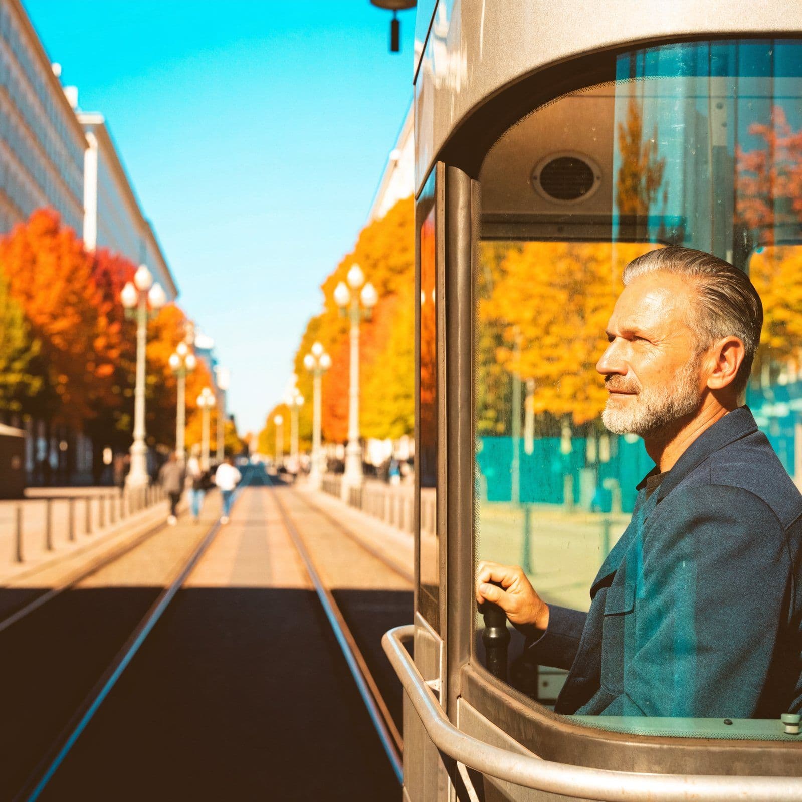 A tram driver keeps his hand on the controls and his eyes on the line ahead, the rails running straight down a sunlit, tree-lined boulevard.