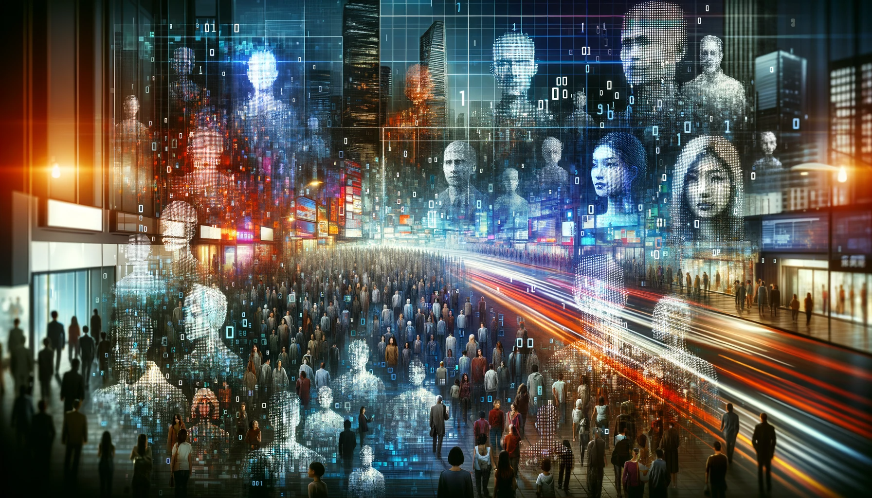 This conceptual artwork features a diverse range of people partially transformed into digital pixels, set against a modern, technology-driven cityscape.