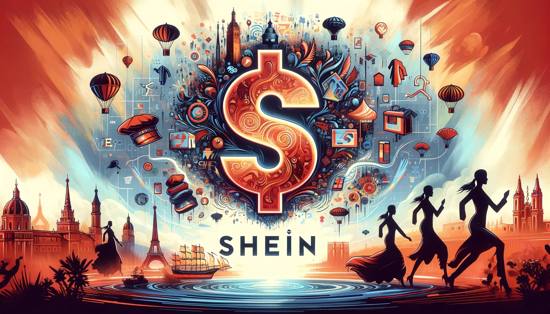 This visual captures the essence of Shein's influence in Spain and its impact on European fashion, blending traditional European symbols with modern and digital motifs.